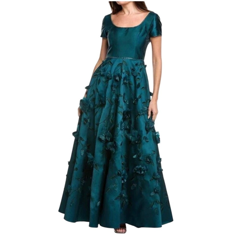 THEIA Selma 3D Floral Applique Ball Gown Caspian Green Formal Dress 4 NWT